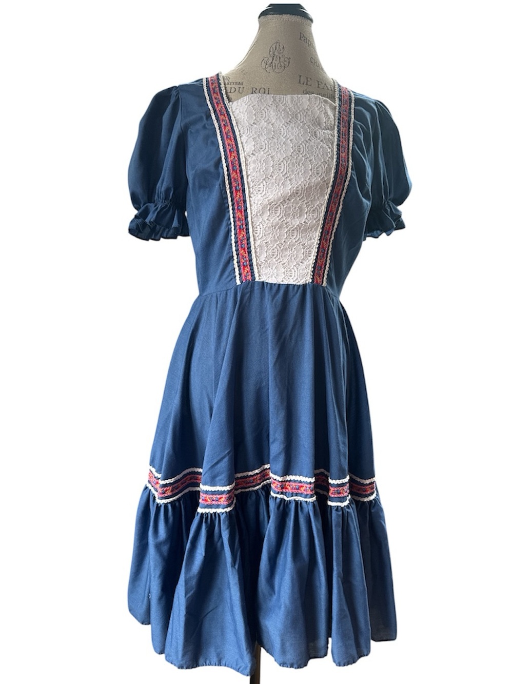 Vintage 60’s blue cotton square dance, milkmaid, dirndl midi dress Small